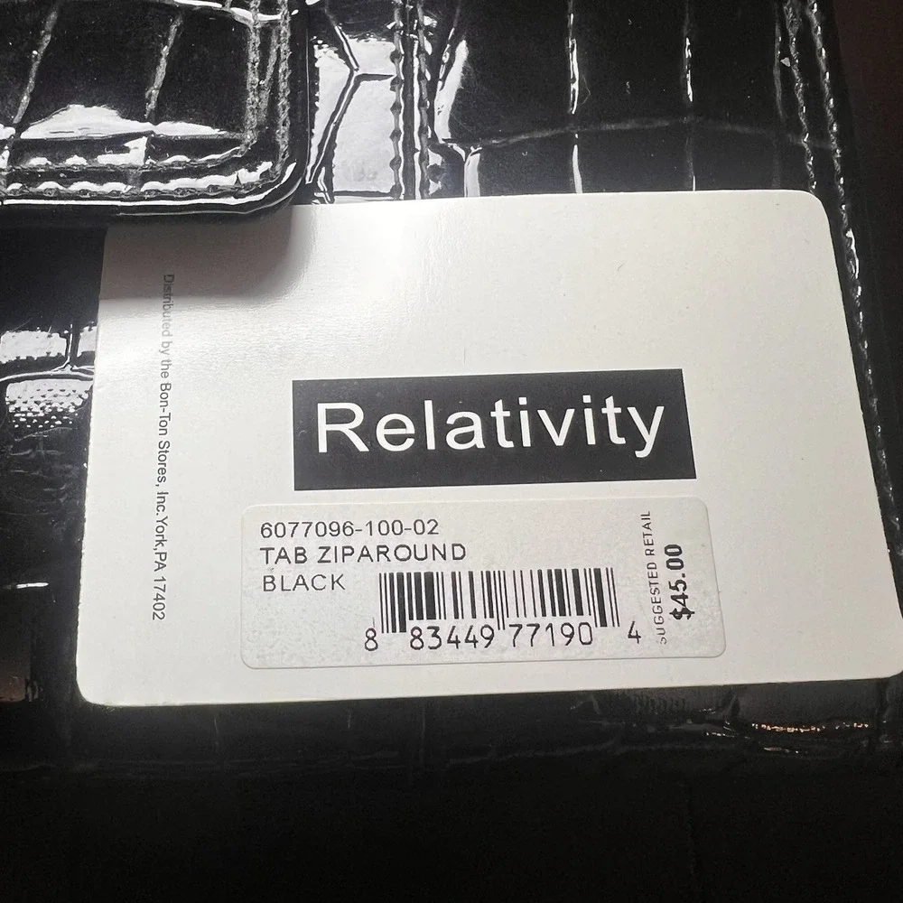 Relativity NWT Black Patent Croc Zip Around Tab Wallet Bi-fold